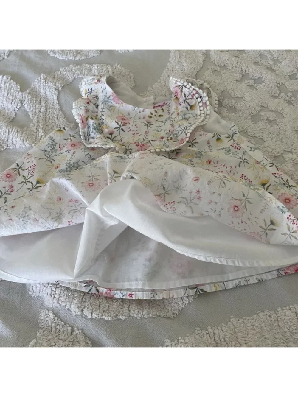 Tommy Bahama Floral Ruffle Dress Baby Girl 18M Pom Pom Trim Pastel Soft Girl
